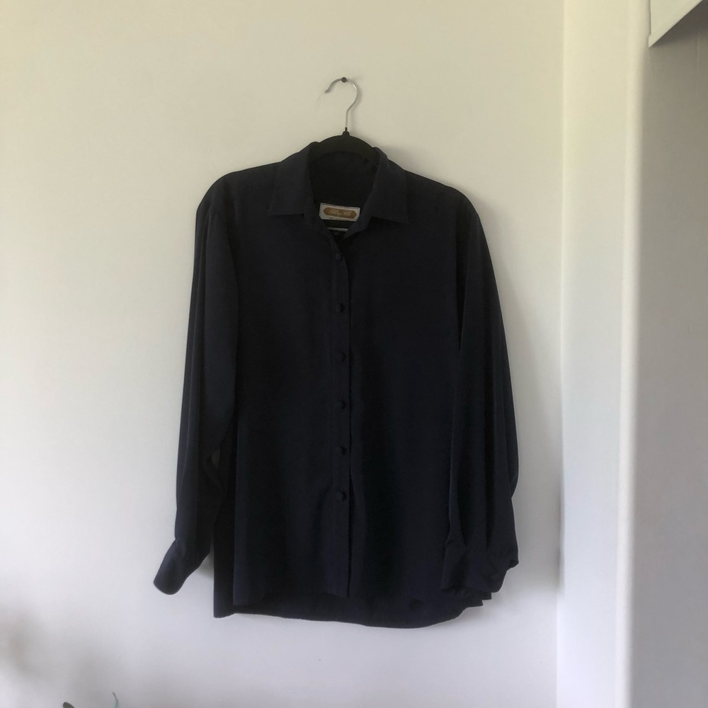 Vintage Tilley Silk Women's Navy Blue Button-Up Blouse 100% Microfibre |‎ Size S
